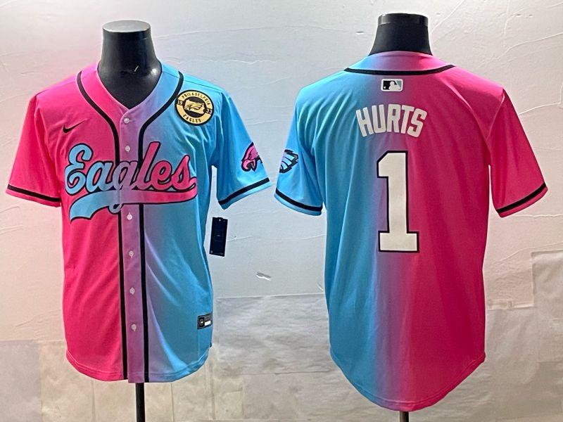 Men 2025 Philadelphia Eagles #1 Hurts Blue pink Nike Limited NFL Jersey style 07